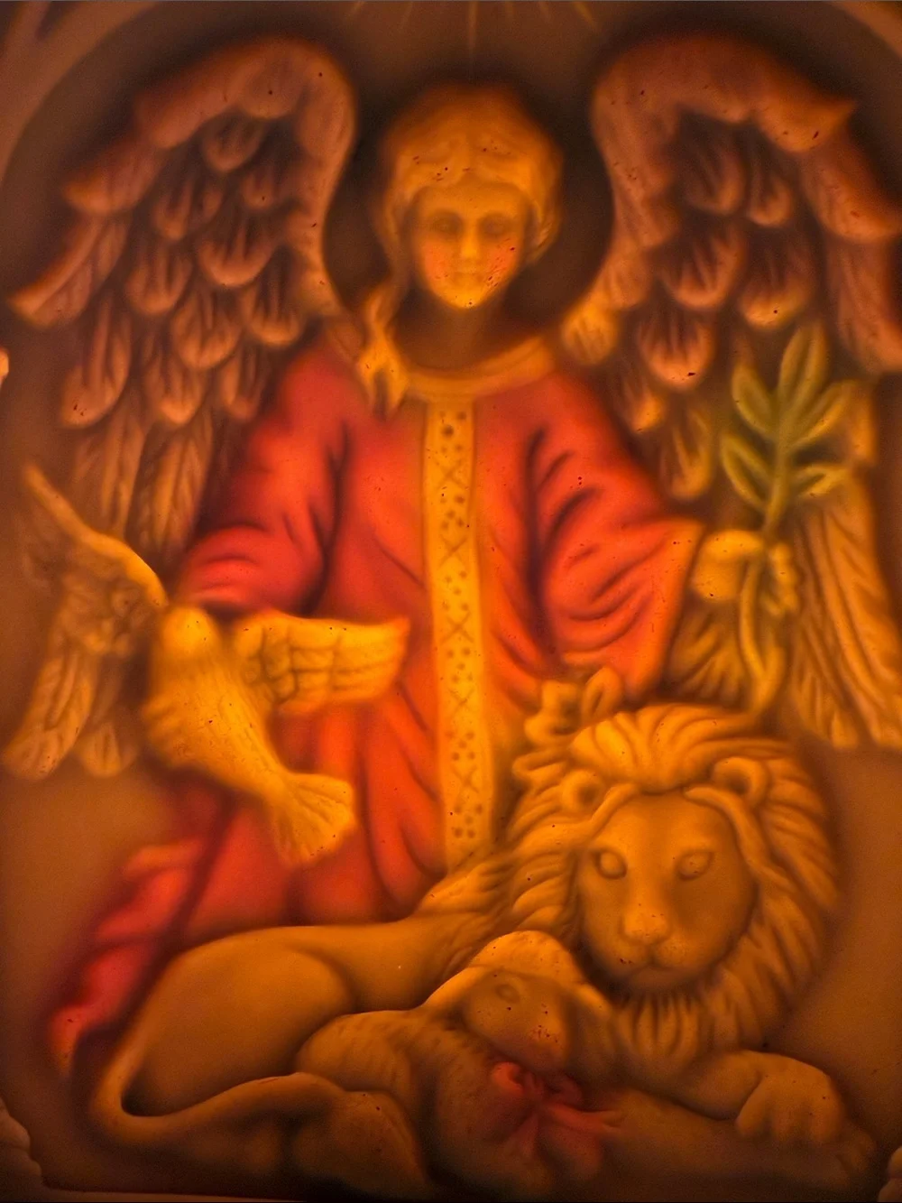 Christmas nite light cream color when unlit angel lion dove of peace lamb 🐑